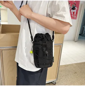 Black outdoor tactical water bottle bag shoulder phone bag for hiking and sports.