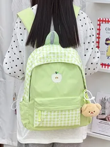 Koreanischer Stil Leichter Nylon Schulrucksack Süßes Karo Patchwork Reise Daypack Mit Apfel Stickerei Für Damen Und Mädchen