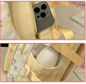 Casual light yellow school backpack with cute star prints, handy pockets for daily use.