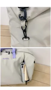 Large capacity travel duffel bag detail showcasing sturdy buckles and convenient side pocket.