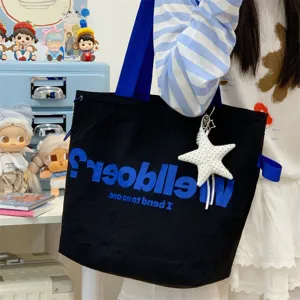 Large capacity canvas bag with blue straps and letter print, casual handbag for daily commute.