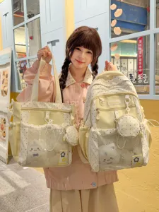 Cute polka dot student backpack and tote bag set with clear front pocket, lightweight daily.