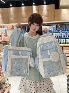Cute polka dot school backpack and tote bag set for students with clear front pocket.