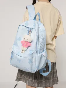 Schicker blauer Rucksack für Teenager Mädchen mit niedlichem Bärenmuster und Plüschbär Anhänger.