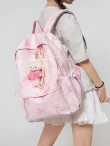 Mädchenhafter rosa Canvas-Rucksack mit süßem Bärenanhänger, vielseitige Schultasche für den Alltag