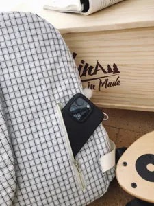 Mochila a cuadros casual con bolsillos, elegante bolso escolar para diario y universidad.