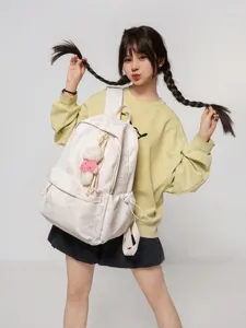 Niedlicher Bären Druck Canvas Rucksack für Damen, stylische Schultasche mit Anhänger.