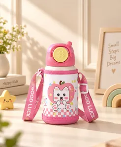 Jolie tasse isotherme pour enfants en acier inoxydable avec paille et sangle, gourde rose.