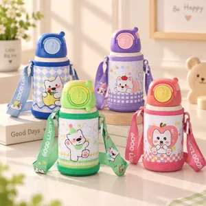 Tasse Thermos en Acier Inoxydable 316 pour Enfants avec Dessin Animé Bouteille d'Eau Isotherme Portable avec Paille pour Étudiant