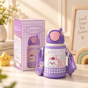 Jolie bouteille isotherme pour enfants en acier inoxydable avec paille et sangle portable