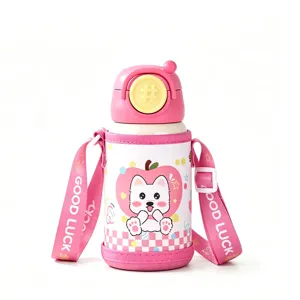 Bouteille isotherme en acier inoxydable pour enfants avec sangle mignonne rose