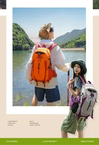 Outdoor hiking backpack scene showing lightweight 40L capacity and breathable design.