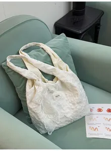 Weißer Spitzen-Leinen-Umhängetag, koreanischer floraler bestickter Shopper für die Arbeit.