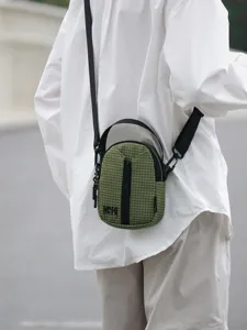 Outdoor casual nylon small crossbody bag for women, stylish green grid shoulder phone bag.