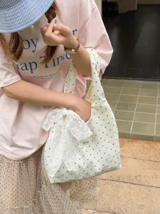 Koreanischer Stil Polka Dot Canvas Shopper für Damen, süße Schleife Schultertasche Alltag.