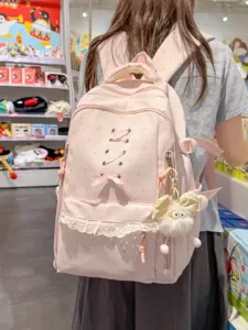 Mochila de Estudiante de Nailon Impermeable Topos Encaje Lazo Bolso Escolar Casual Gran Capacidad Viaje para Mujeres Niñas