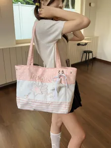 Cute pink polka dot canvas tote bag, sweet style large capacity shoulder bag for daily use.
