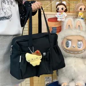 Black canvas commuting tote bag with side pockets casual travel shoulder bag for women