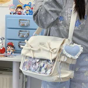Korean style sweet ita bag detail with cute bows and transparent display window for pins.