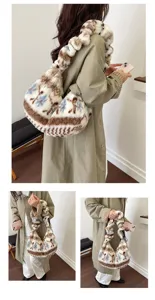 Detail view of the ethnic plush shoulder bag, cozy fuzzy material, spacious casual design.