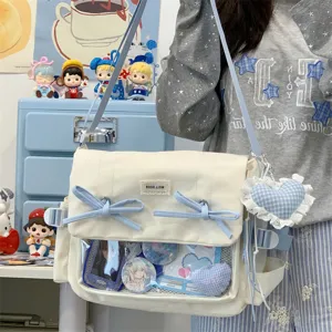 Korean style ita bag with clear window, cute bows and shoulder strap for daily use.