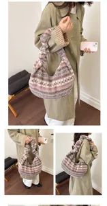 Cozy plush shoulder bag with ethnic pattern, casual large capacity daily purse for autumn and winter.