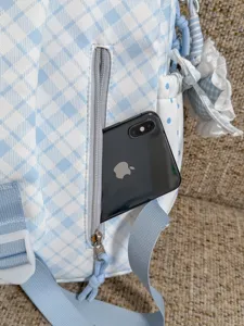 Light blue plaid backpack for women cute lace trim school bag casual commuter daypack