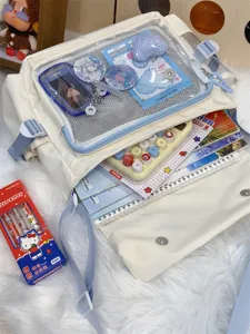 White canvas ita bag with clear window, stylish messenger shoulder bag for anime pins and daily use.