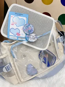 Blue and white ita bag with clear window, cute canvas shoulder bag for anime pins.