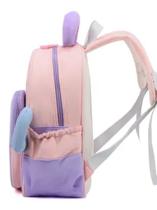Cute cartoon children school bag side view, pink and purple toddler backpack with cute ears.