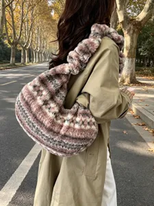 Women Fluffy Plush Crossbody Bag Ethnic Style Hobo Shoulder Bag Casual Large Capacity Soft Commuter Handbag