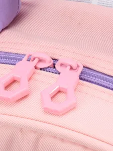 Cute pink kids backpack detail view, featuring durable fabric and smooth double zippers for daily use.