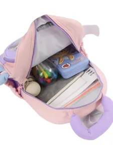Cute pink purple kindergarten kids backpack with large capacity and cute cartoon bunny ears design.