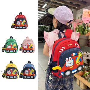 Toddler cartoon backpack detail showing cute animal car pattern and durable shoulder straps.