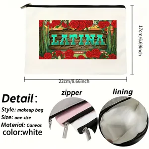 White canvas makeup bag with Latina floral cactus print, 22x17cm portable travel pouch.