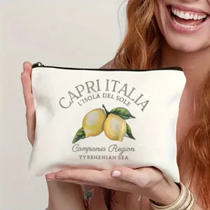 Canvas cosmetic bag featuring Capri Italy lemon print detail and secure zipper closure.