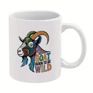 White ceramic coffee mug with colorful goat graphic print, perfect office drinkware.