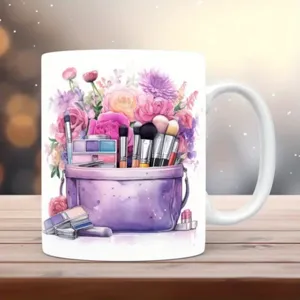 Watercolor makeup print ceramic coffee mug detail view and daily use cup showcase