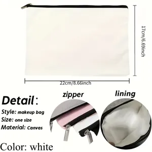 White canvas makeup bag with zipper, portable cosmetic pouch and pencil case for daily use.