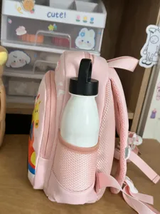 Pink toddler shell backpack with cute cartoon giraffe print and side mesh pocket for kids daily use.