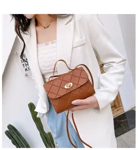 Brown diamond quilted crossbody bag for women, chic top handle small square bag daily wear.