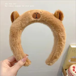 Serre-tete en peluche marron avec oreilles d'ours mignon bandeau doux pour laver le visage