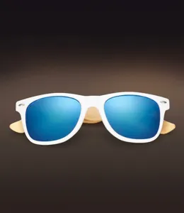 Classic white frame sunglasses with blue mirror lenses and natural bamboo wooden temples.