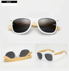Classic white frame sunglasses featuring natural bamboo wooden temples and polarized grey lenses.
