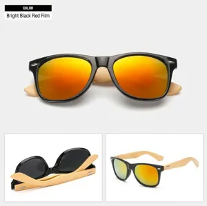 Classic wayfarer sunglasses with colorful reflective lenses and natural bamboo wooden temples.