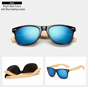 Classic Wayfarer sunglasses featuring stylish blue mirror lenses and natural bamboo temples.