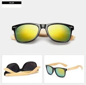 Classic square sunglasses with natural bamboo temples and colorful reflective lenses for daily wear.