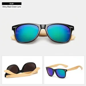 Classic wooden sunglasses with green mirror lenses and glossy black frame detail view.
