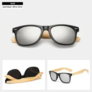 Classic square sunglasses with natural bamboo wooden temples and silver mirror lenses for men and women.