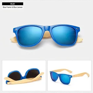 Blue frame bamboo sunglasses with colorful mirrored lenses for men and women stylish eyewear.